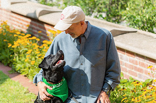 man plays with a dog